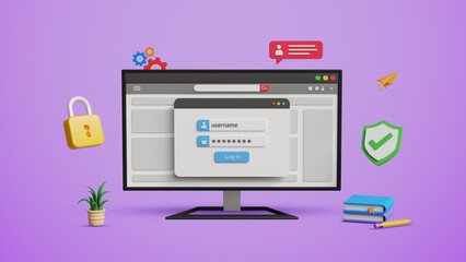 Cyber security concept. Login page, two-step verification, user identification, information security and encryption. Login or sign in page on a 3D computer