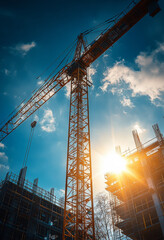 Construction site with crane and bright sunset sky. A construction site bustling with activity, featuring a towering crane against a vibrant sunset and blue sky.