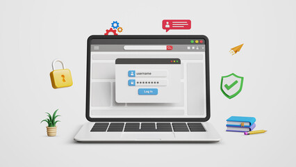 Cyber security concept. Web page login, secure access to user's personal information, data protection and secured internet access. Login page with username and password on a 3D laptop