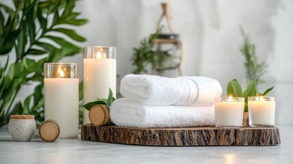 A serene spa setting featuring white towels, candles, and greenery, creating a relaxing atmosphere for self-care and wellness.