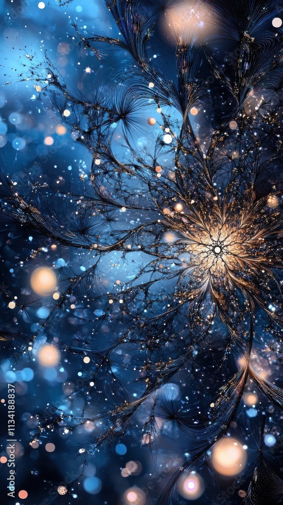 Poster abstract representation of intricate patterns and glowing orbs in a mesmerizing blue-themed digital 