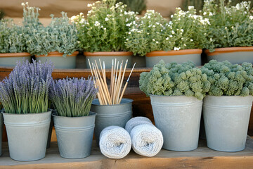 Fototapeta premium Tranquil garden scene featuring lavender, other plants, paintbrushes, and yarn in galvanized metal pots. Rustic and calming aesthetic.