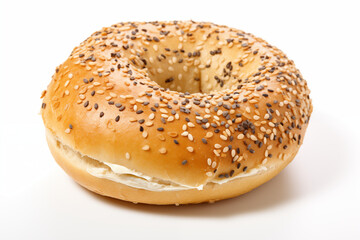 Delicious bagel topped with white and black sesame seeds, displayed on a clean white background in a simple and appetizing presentation