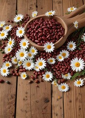 Beans with daisies isolated on a wooden background, greenery, flowers, pattern