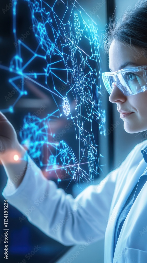 Aufkleber female scientist with glasses analyzing digital data in laboratory, exploring technology and innovat
