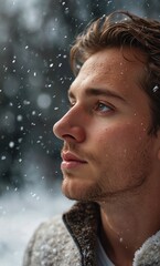 Obraz premium Close-up of a male model’s flawless face sunrise in winter