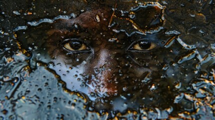 close-up on a puddle, realistic photography, seen from above, the transparent reflection of the face of a queen Mami Wata in a puddle, 8k resolution, very dynamic composition