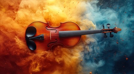 Fototapeta premium Violin in vibrant orange and blue smoke.