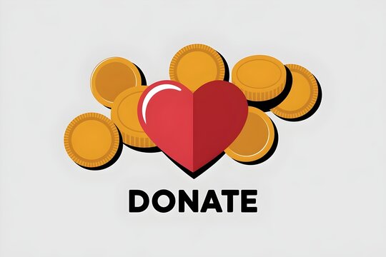 A red heart surrounded by golden coins with the word DONATE. flat design. Ideal for promoting charitable contributions and donation campaigns.