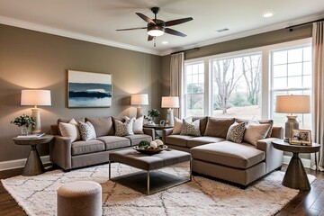 Stylish Family Room Design with Cozy Sectional and Soft Taupe Decor