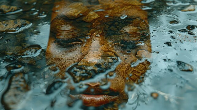 close-up on a puddle, realistic photography, seen from above, the transparent reflection of the face of a queen Mami Wata in a puddle, 8k resolution, very dynamic composition