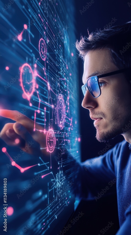 Poster innovative technology interface: a young man engaging with futuristic virtual data visualization on 