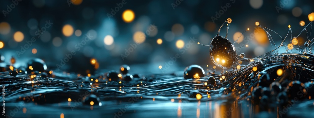Poster abstract representation of glowing particles and organic shapes in a serene blue liquid environment,