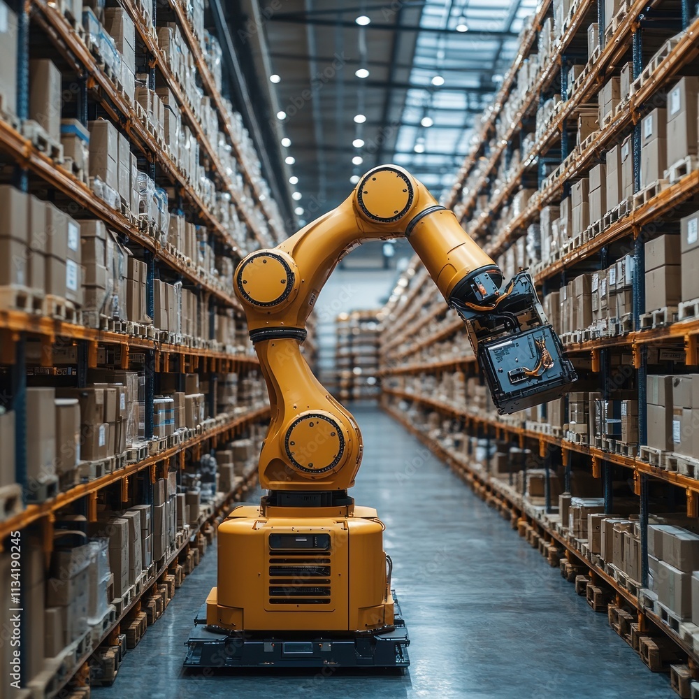 Poster a robotic arm operates in a warehouse filled with stacked boxes, showcasing automation in industry.