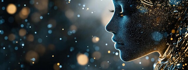 Obraz premium Futuristic Profile of a Woman with Digital Particles and Light Effects Creating an Ethereal Atmosphere in a Fantasy Setting