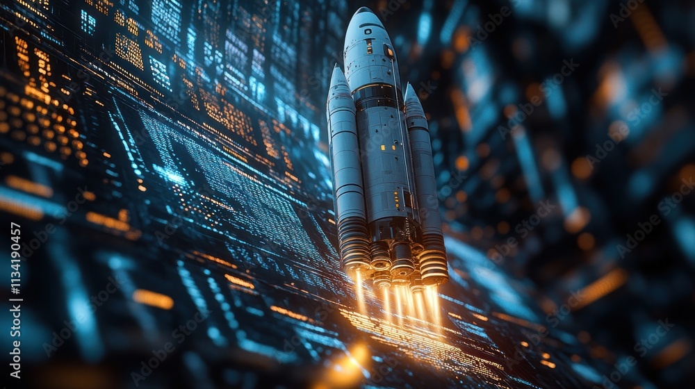 Poster a futuristic rocket launching amidst a digital backdrop of glowing circuits and data.