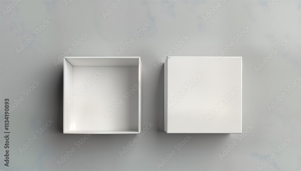 Aufkleber Two blank white rectangular boxes shown open on gray surface. Top view. Empty boxes ready for product design packaging mockup. Versatile template for various products. Ideal for branding, advertising.