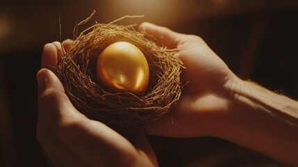 Close-up of hands holding a nest with a golden egg, symbolizing investment, wealth, and prosperity in warm lighting.