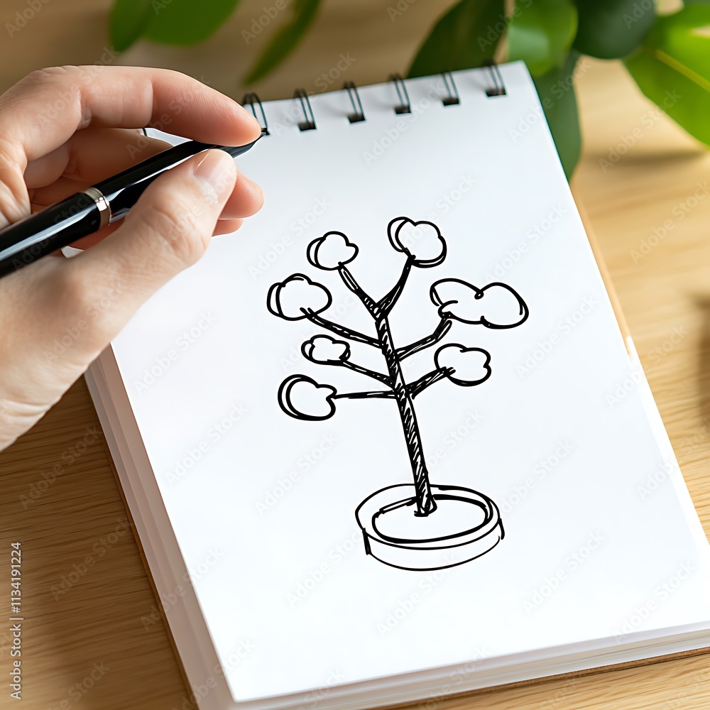 Aufkleber hand drawing of minimalist tree design on notebook in clean style