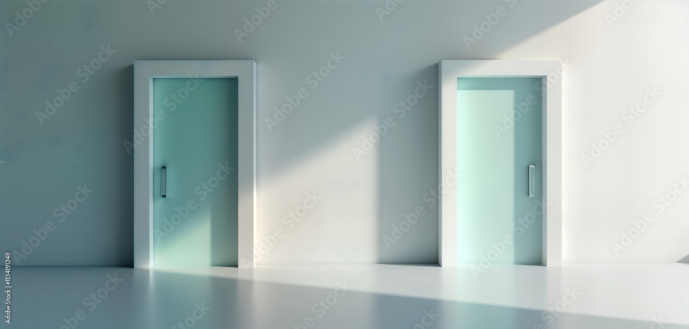 Poster Modern minimalist interior with two doors. Empty room clean lines, simple design. Light subtly touches walls creating soft shadows. Open spaces suggest possibilities. Interior design concept for