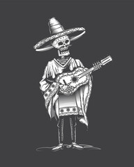 Obraz premium A skeleton in a sombrero with a guitar in his hands. Original vector illustration in vintage style. T-shirt design.