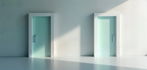 Modern minimalist interior with two doors. Empty room clean lines, simple design. Light subtly touches walls creating soft shadows. Open spaces suggest possibilities. Interior design concept for