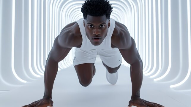 A determined athlete in an advanced, illuminated tunnel, showcasing strength and focus in a sleek, modern environment.