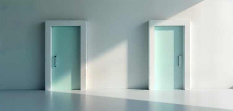 Modern minimalist interior with two doors. Empty room clean lines, simple design. Light subtly touches walls creating soft shadows. Open spaces suggest possibilities. Interior design concept for