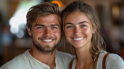 Close-up of a joyful couple smiling cheerfully indoors, capturing a warm and positive moment of togetherness and happiness.