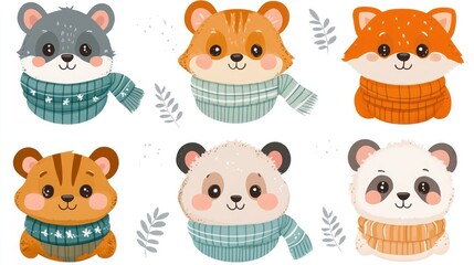 Cute cartoon animals wearing scarves in a whimsical, colorful design.