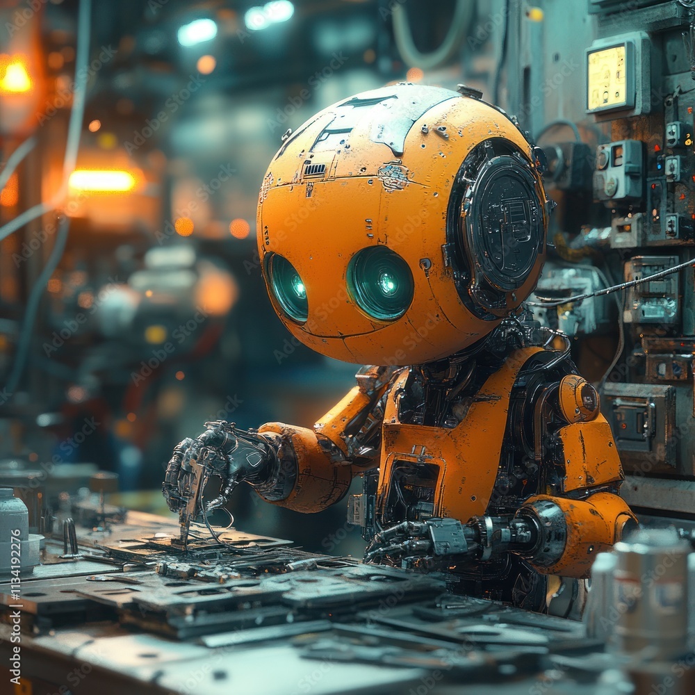 Poster a small robot with large eyes working in a futuristic industrial setting.