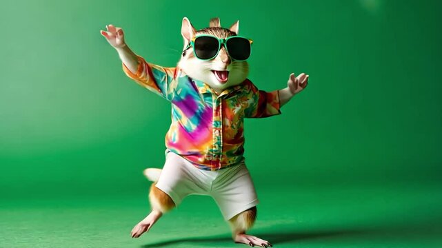 A chipmunk in sunglasses and a colorful shirt is dancing in front of a green background.