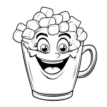 recommend clip art: Whimsical Cartoon Hot Chocolate Mug with Marshmallows and Cheerful Face Illustration.