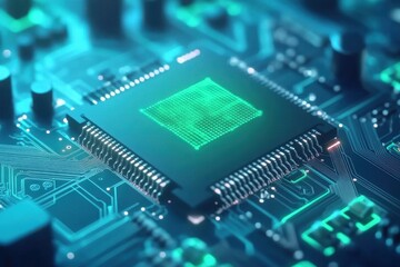 Abstract Close-Up of a Computer Microchip with Glowing Green Patterns on a Digital Circuit Board Representing Modern Technology and Innovation in Electronics