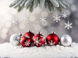 Obraz premium Festive Christmas design with red gifts and fir-tree branches on a white background, perfect for New Year celebrations, featuring copy space image.