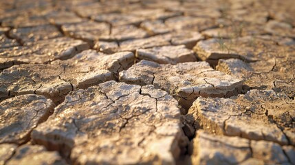 macro low shot view of dry cracked earth highlighting the effects of drought and environmental changes.