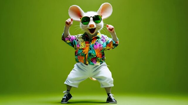 A cool cartoon mouse wearing sunglasses, a Hawaiian shirt, and white pants striking a pose.