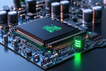 Close-up View of Modern Circuit Board with Microprocessor and LED Lights in a High-Tech Environment, Perfect for Technology Related Projects and Media