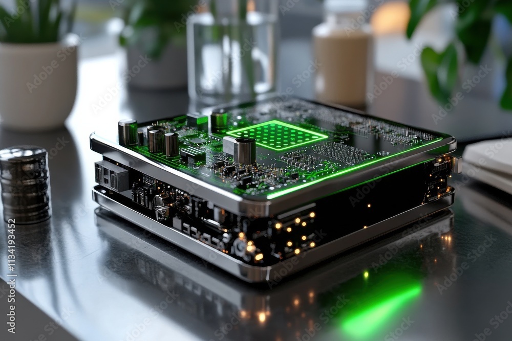 Aufkleber high-tech circuit board with green led lights on a modern workspace table surrounded by plants and m