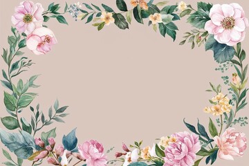 Fototapeta premium Tranquil Watercolor Botanical Collection Featuring Floral Borders and Lush Foliage for Invitations and Home Decor