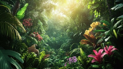 Obraz premium Lush tropical rainforest with vibrant flora and fauna, sunlight filtering through dense canopy.
