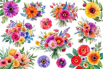 Vibrant Watercolor Wildflower Bouquet Collection for Stunning Backgrounds and Decorations