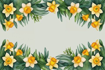 Spring Watercolor Seamless Border Featuring Soft Yellow Daffodils and Vibrant Greenery for Celebrations and Greeting Cards