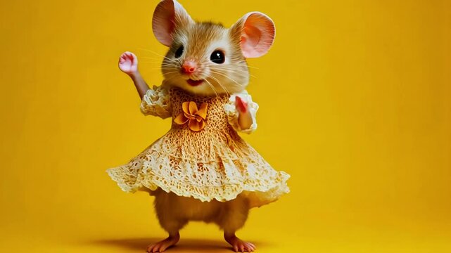 A cute mouse in a dress on a yellow background.