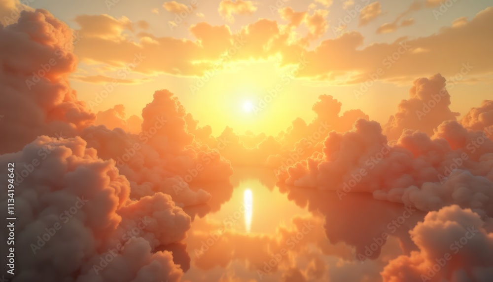 Poster golden sunset clouds reflect on calm surface. soft light illuminates fluffy clouds. warm colors crea