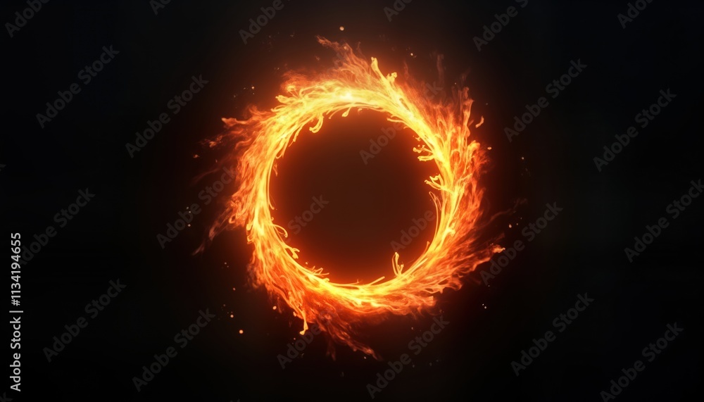 Poster Fiery circle of plasma spins on black background. Dynamic glowing flames create mesmerizing effect. Abstract design suitable for tech sci-fi concepts. Powerful visual representing energy, innovation