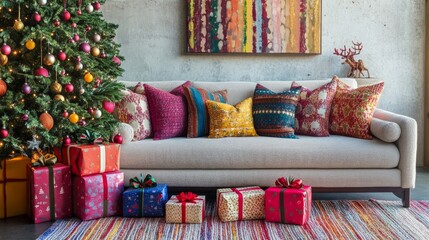 A festive living room with a vibrant Christmas tree, colorful holiday-themed pillows on a cozy sofa, and wrapped gift boxes arranged neatly underneath