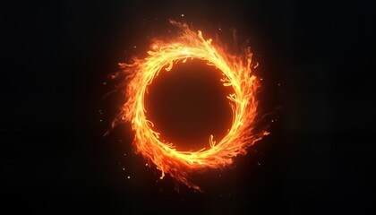 Fiery circle of plasma spins on black background. Dynamic glowing flames create mesmerizing effect. Abstract design suitable for tech sci-fi concepts. Powerful visual representing energy, innovation