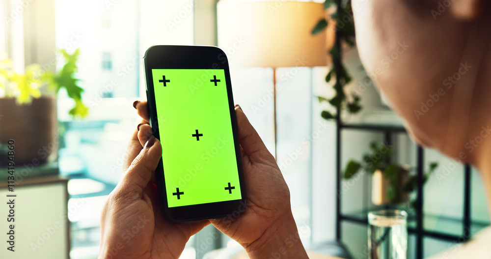 Poster phone, green screen and hands of person in office with tracking marker, ux design and web search. sm