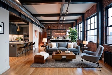 Naklejka premium Contemporary Industrial Loft Design Featuring Cozy Living Area and Elegant D�cor